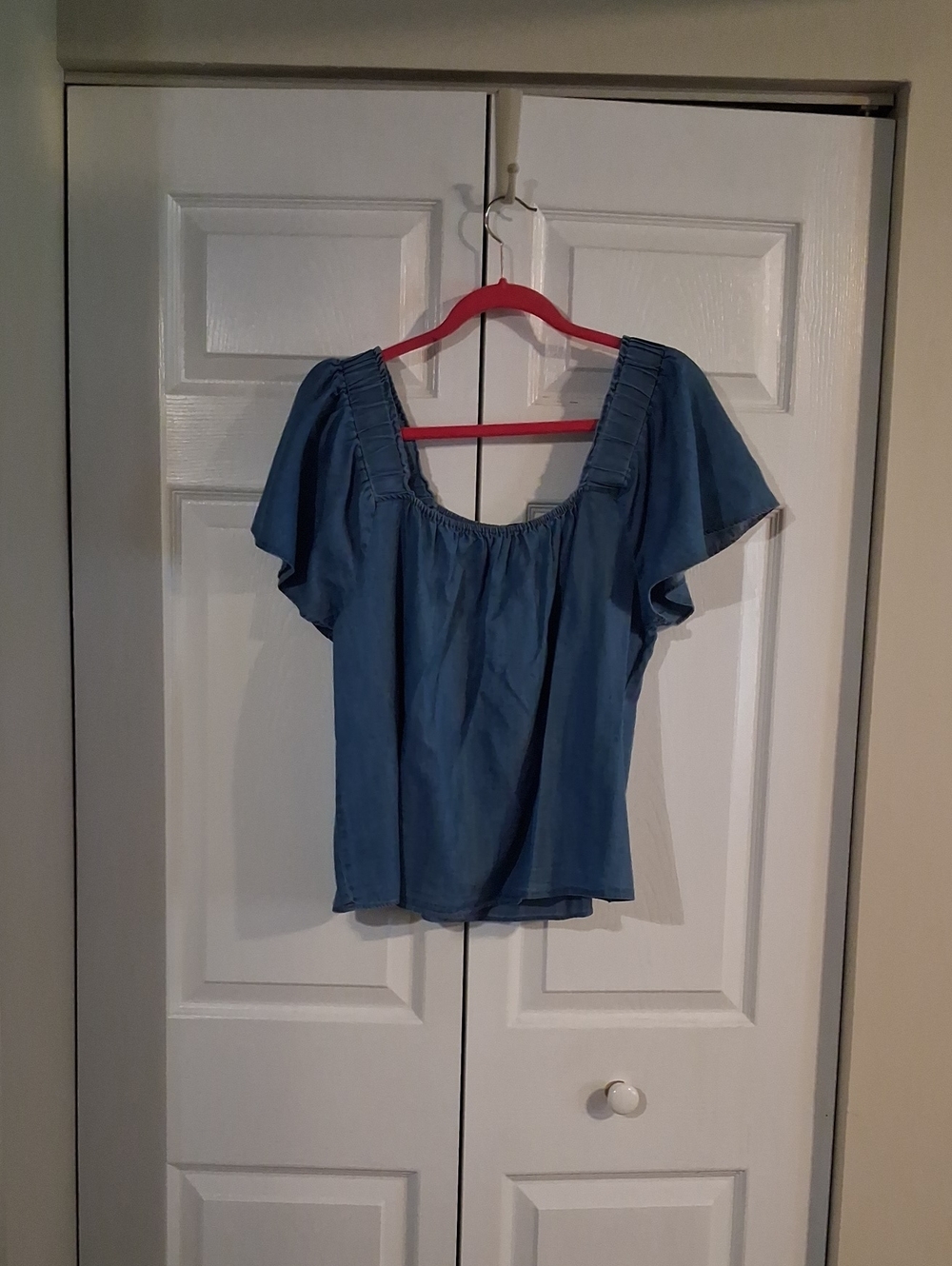 Women's Denim Flutter Sleeve Peasant Top